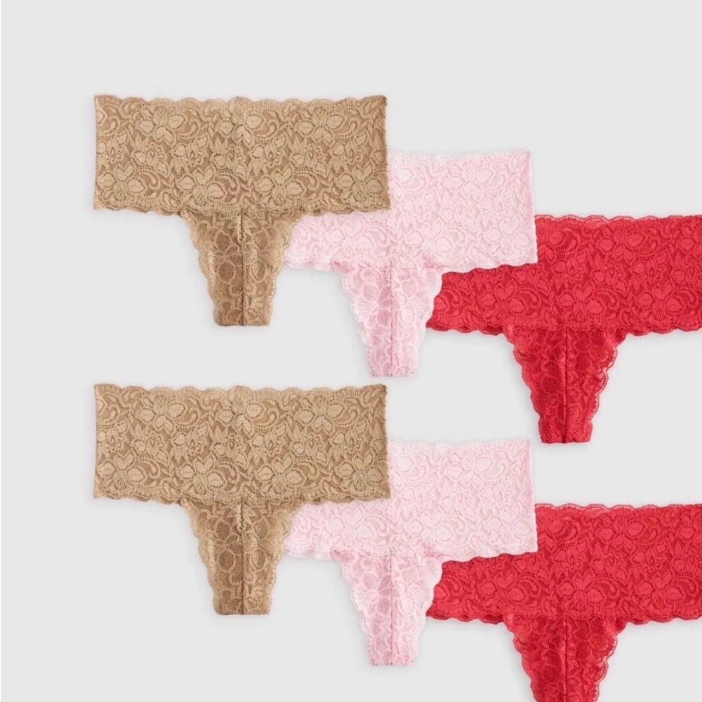 Quince Stretch Lace Thong Briefs (6 pack) Clay, Ruby Red, Soft Pink Size Medium